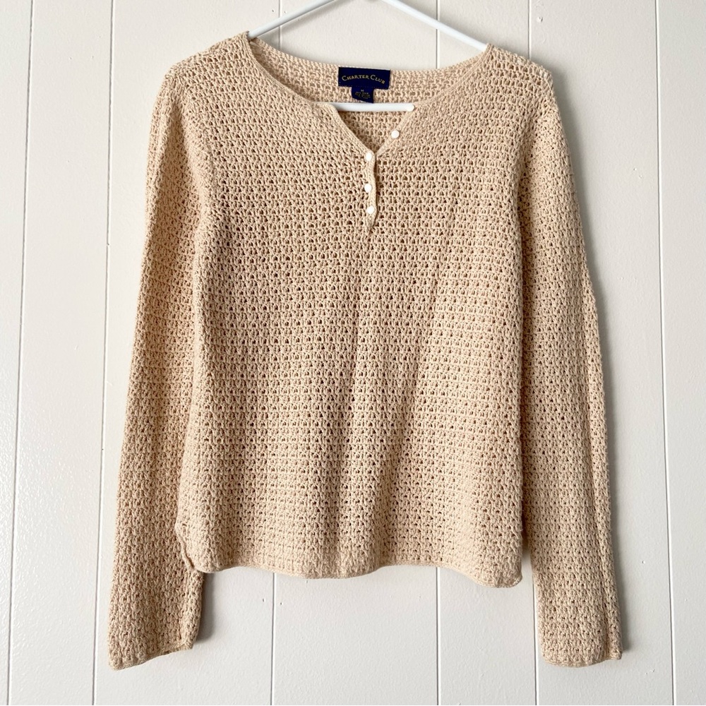 Charter Club knitted half buttons long sleeve top | medium | tan